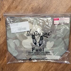 Thirty-One Camouflage Tote with Gray and Green with shoes fuel